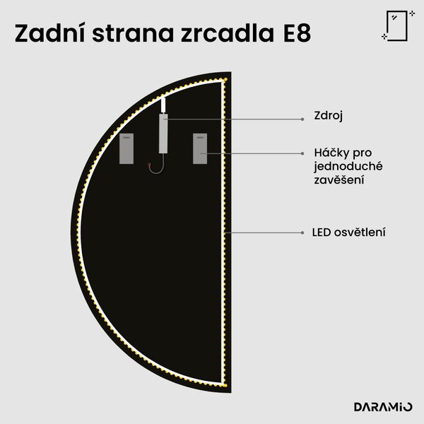 Půlkruhové zrcadlo do koupelny s LED osvětlením E8