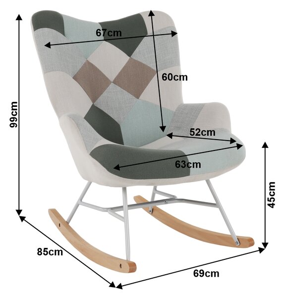 KONDELA Houpací křeslo, zelená-bílá patchwork/bílá/buk, GERON