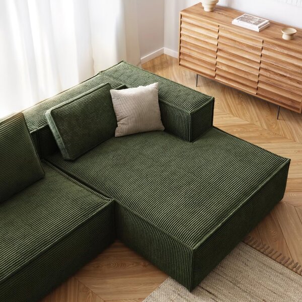 Kave Home Zelená manšestrová rohová pohovka Blok 300 cm, pravá