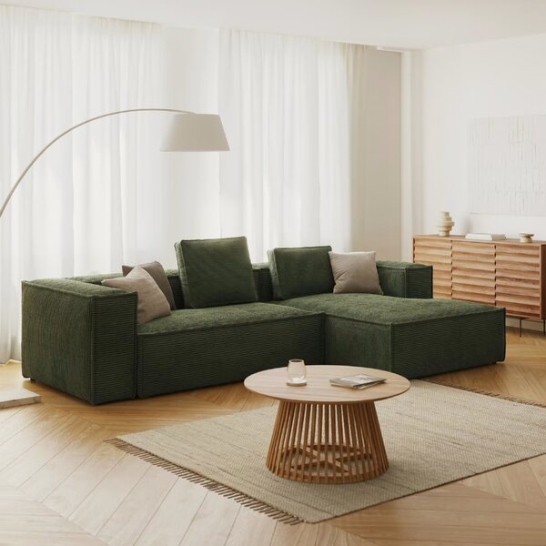 Kave Home Zelená manšestrová rohová pohovka Blok 300 cm, pravá