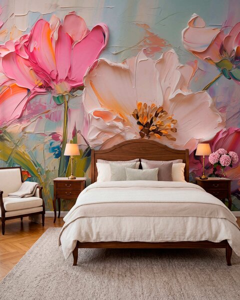 Fototapety Světle růžové květy na světle modrém šedém pozadí, Fototapety 3D, Fototapety 3d květiny, w01039 : uwalls.cz