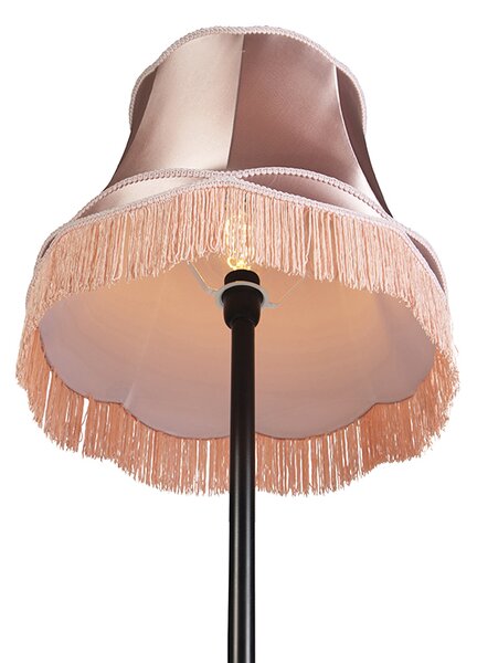 Retro stojací lampa černá s babičkovým stínítkem růžovým 45 cm - Simplo