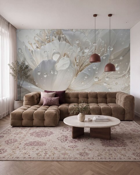 Fototapety Detailní záběr bílého květu pivoňky s jemnými okvětními lístky a kapkami vody, Fototapety 3D, Fototapety 3d květiny, w08262 : uwalls.cz