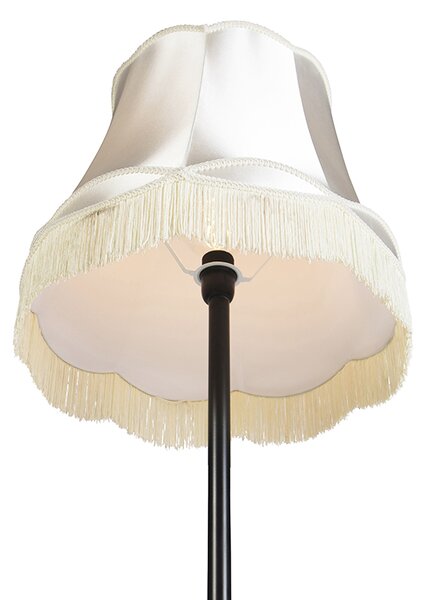 Retro stojací lampa černá s babičkovským stínítkem krémová 45 cm - Simplo