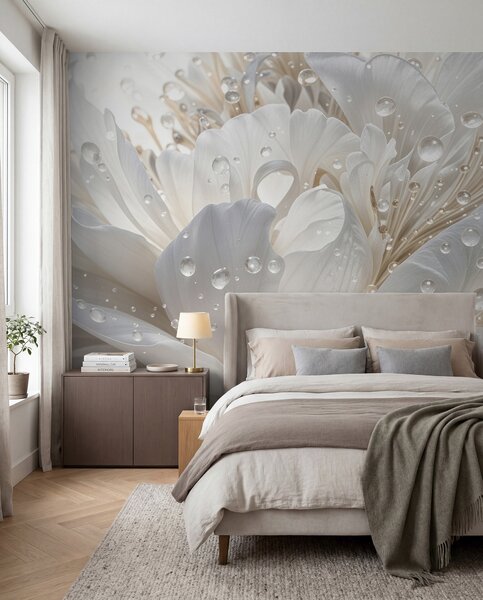 Fototapety Detailní záběr bílého květu pivoňky s jemnými okvětními lístky a kapkami vody, Fototapety 3D, Fototapety 3d květiny, w08262 : uwalls.cz