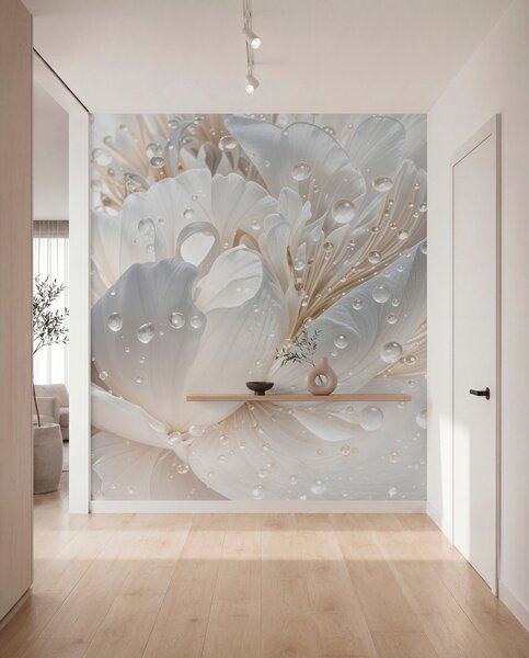 Fototapety Detailní záběr bílého květu pivoňky s jemnými okvětními lístky a kapkami vody, Fototapety 3D, Fototapety 3d květiny, w08262 : uwalls.cz