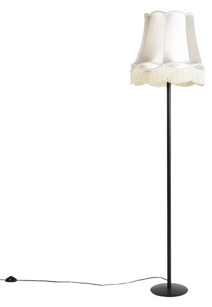 Retro stojací lampa černá s babičkovským stínítkem krémová 45 cm - Simplo