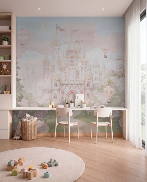 Fototapety Kouzelný hrad s velkými květinami a stromy, Fototapety květiny, Fototapety růže, w01524 : uwalls.cz