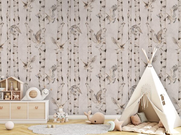 Tapeta břízy - Birch and Owls White Materiál: Digitální eko vlies - klasická tapeta nesamolepicí