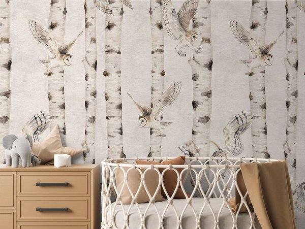 Tapeta břízy - Birch and Owls White Materiál: Digitální eko vlies - klasická tapeta nesamolepicí
