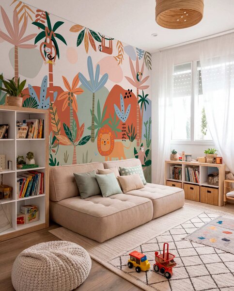 Fototapety Zábavná zvířata ze zoo v tropické džungli, Fototapety dětské, w01720 : uwalls.cz