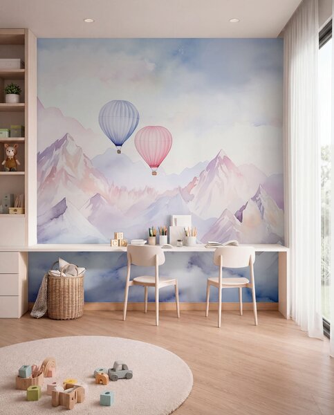 Fototapety Akvarelové hory se vzdušnými balóny, éterické , Fototapety dětské, Fototapety balónová, w01786 : uwalls.cz