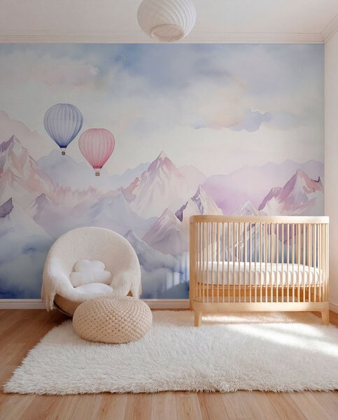 Fototapety Akvarelové hory se vzdušnými balóny, éterické , Fototapety dětské, Fototapety balónová, w01786 : uwalls.cz