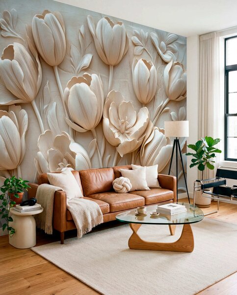 Fototapety 3D květinové umění s půvabnými tulipány v béžové barvě, Fototapety 3D, Fototapety 3d květiny, w01851 : uwalls.cz
