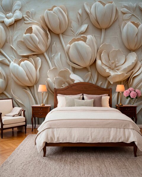 Fototapety 3D květinové umění s půvabnými tulipány v béžové barvě, Fototapety 3D, Fototapety 3d květiny, w01851 : uwalls.cz