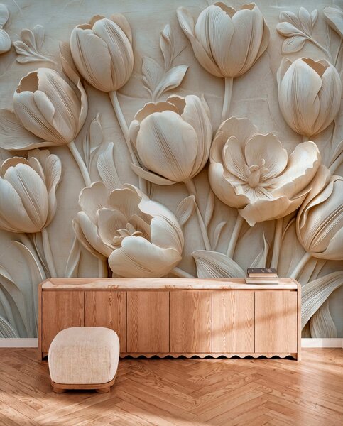 Fototapety 3D květinové umění s půvabnými tulipány v béžové barvě, Fototapety 3D, Fototapety 3d květiny, w01851 : uwalls.cz