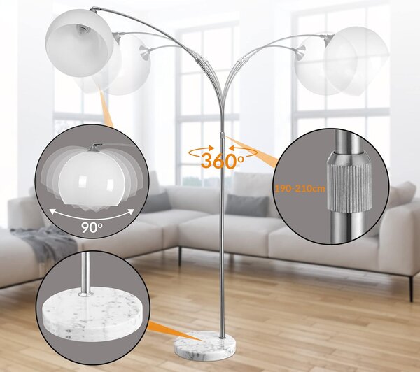 Deuba Designová oblouková stojanová lampa s mramorovou základnou - nastavitelná 190 - 200 cm