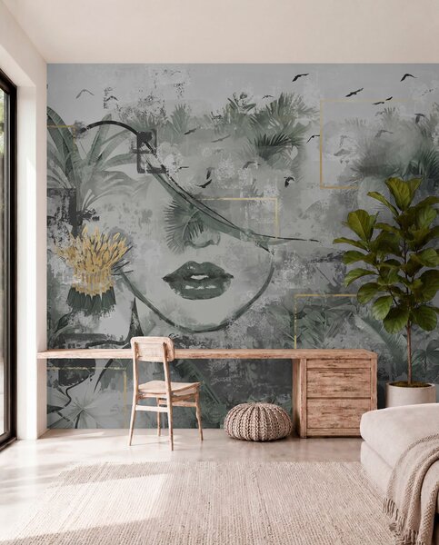 Fototapety Grunge deštný prales a silueta dívčí tváře, Fototapety moderní, w01916 : uwalls.cz