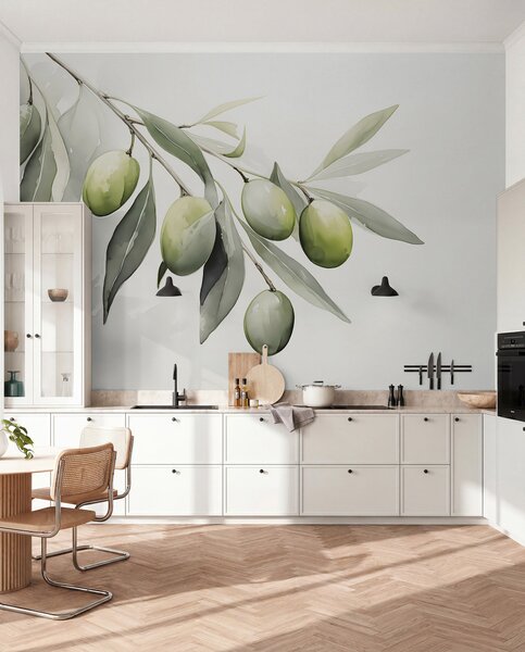 Fototapety Větev se zelenými olivami mokrý akvarel, Fototapety food, w02042 : uwalls.cz