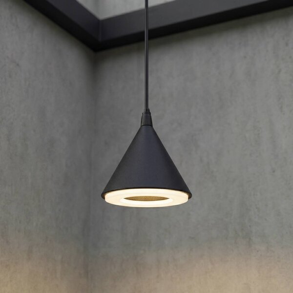 Lindby Venkovní závěsné LED svítidlo Soran, Ø 15 cm, černé, IP44, Černá, kov, Moderní