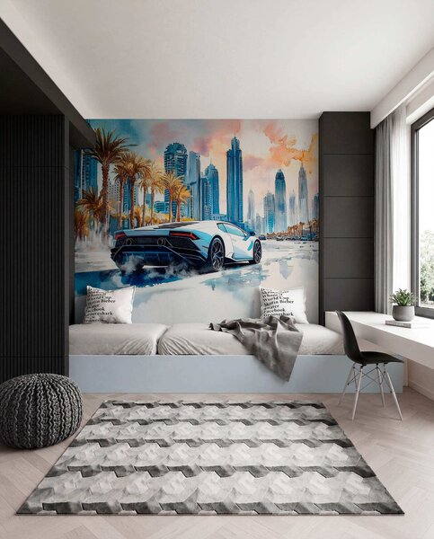 Fototapety Bílé moderní sportovní auto závodící na pozadí palem a mrakodrapů ve volné akvarelové technice, Fototapety doprava, w01963 : uwalls.cz