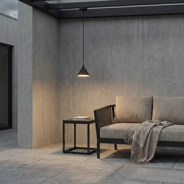 Lindby Venkovní závěsné LED svítidlo Soran, Ø 15 cm, černé, IP44, Černá, kov, Moderní