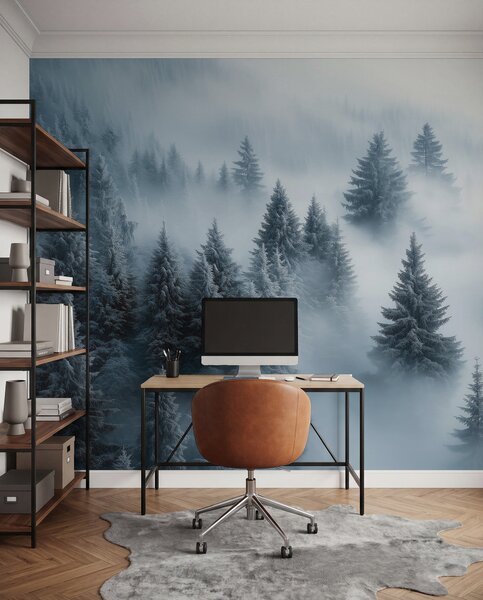 Fototapety Hustá mlha zahalující zasněžený ranní les do modrých odstínů, Fototapety příroda, w02064 : uwalls.cz