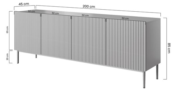 Moderní komoda Nicole 200 cm čtyřdveřová s ryhovaným čelem - černá matná / černé nohy