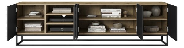TV stolek Asha 200 cm s rýhovaným čelem na kovovém rámu - dub artisan / černý mat