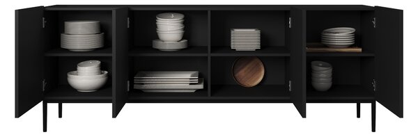 Moderní komoda Nicole 200 cm čtyřdveřová s ryhovaným čelem - černá matná / černé nohy