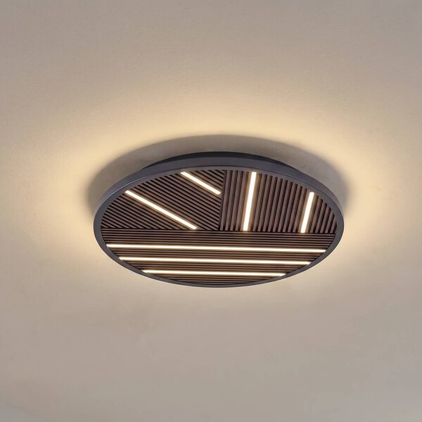 Lucande LED stropní svítidlo Orven, dřevo, Ø 50 cm, stmívatelné, stmívatelný, Černá, Obývací pokoj / jídelna, kov, Moderní