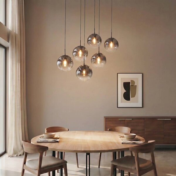 Lucande závěsné světlo Veloura, 6 žárovek, 100 cm, sklo, dřevo, stmívatelný, Čirá / transparetní, Obývací pokoj / jídelna, Sklo, Design