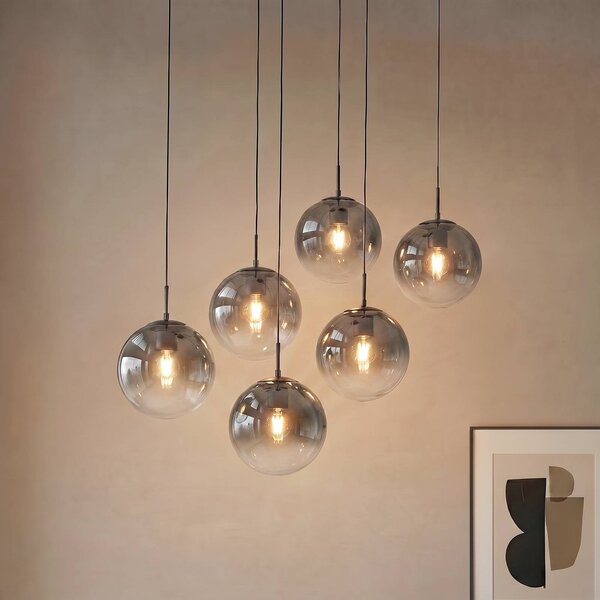 Lucande závěsné světlo Veloura, 6 žárovek, 100 cm, sklo, dřevo, stmívatelný, Čirá / transparetní, Obývací pokoj / jídelna, Sklo, Design