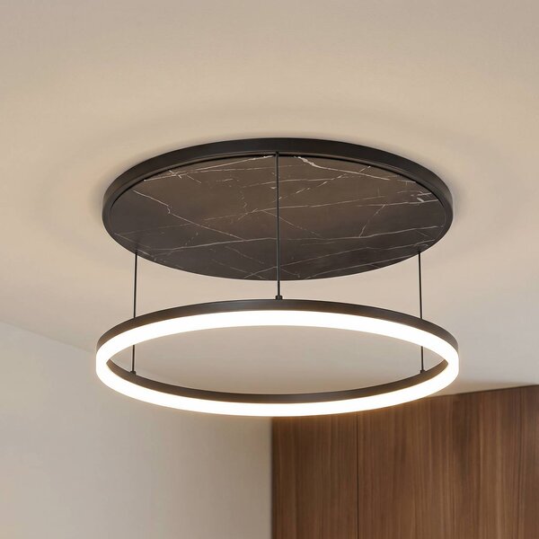 Lucande LED stropní svítidlo Orven, černá/mramor, Ø 50 cm, stmívatelné., stmívatelný, Černá, Obývací pokoj / jídelna, kov, Moderní