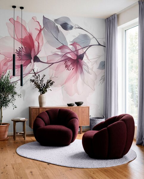 Fototapety Jemné průhledné růžové a šedé květy s jemnými, rozmazanými okvětními lístky na, Fototapety les, Fototapety stromy, w08429 : uwalls.cz