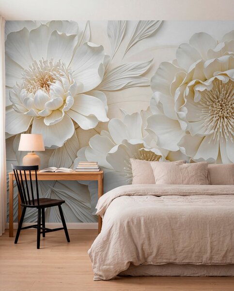 Fototapety Elegantní objemné květy imitace bílé pivoňky s jemnými okvětními lístky a pastelově žlutými, Fototapety květiny, w08431 : uwalls.cz