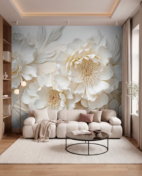 Fototapety Elegantní objemné květy imitace bílé pivoňky s jemnými okvětními lístky a pastelově žlutými, Fototapety květiny, w08431 : uwalls.cz