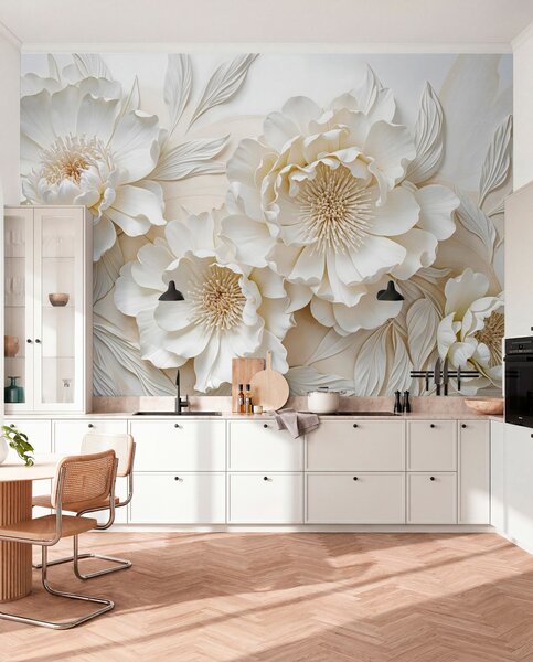 Fototapety Elegantní objemné květy imitace bílé pivoňky s jemnými okvětními lístky a pastelově žlutými, Fototapety květiny, w08431 : uwalls.cz