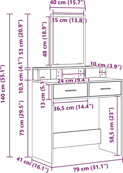 VidaXL Kosmetický stůl 79 x 41 x 140 cm Kompozitní dřevo [865144] Barva: Bílá