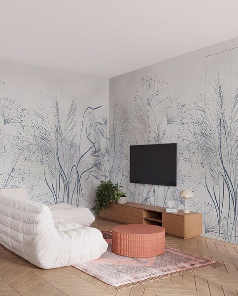 Fototapety Jednobarevná ilustrace různých šedých rostlin a klásků s jemnými, moudrými liniemi a texturami , Fototapety akvarel, w08441v1 : uwalls.cz
