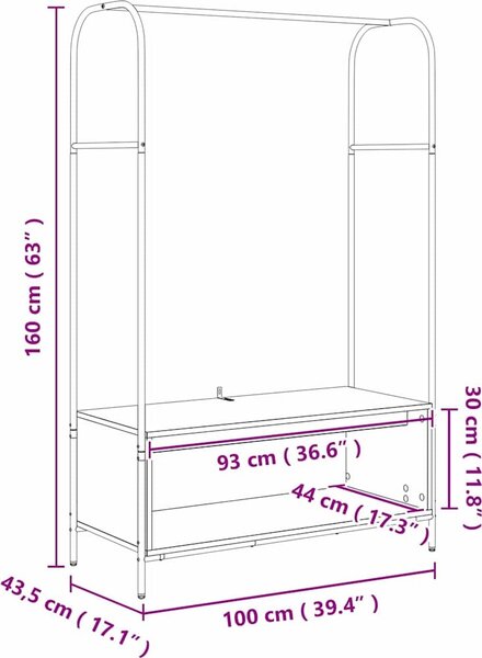 VidaXL Kovový stojan na oblečení Hnědý dub 100 x 44 x 160 cm [868456] Barva: Staré dřevo
