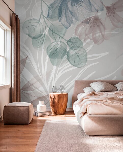 Fototapety Pastelový květinový potisk s průhlednými velkými abstraktními květy a listy v odstínech šedé,, Fototapety květiny, w08600 : uwalls.cz