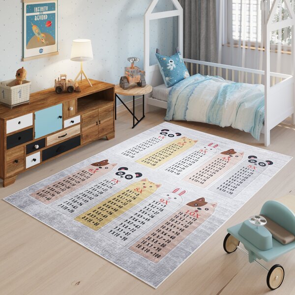 Makro Abra Dětský kusový koberec vhodný k praní BAMBINO 2162 Násobilka Zvířátka Pro školáky protiskluzový krémový Rozměr: 80x150 cm