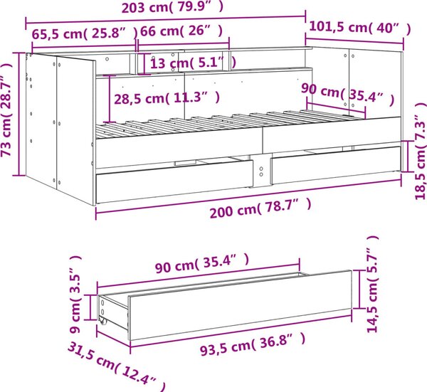 VidaXL Válenda se zásuvkami bez matrace 90 x 200 cm [3280847] Barva: dub artisan