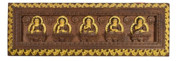 Dřevěný panel, Pět Dhjánibuddhů, ručně vyřezávaný, zlacený, 73x25cm