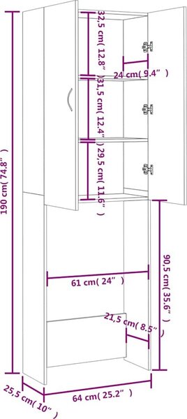 VidaXL Skříňka nad pračku 64 x 25,5 x 190 cm [808414] Barva: Černý dub