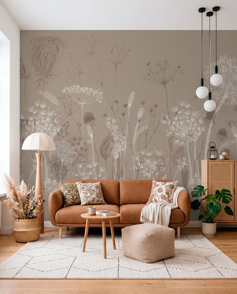 Fototapety Půvabný vzor s jemnými pampeliškami, rostlinami a divokými květy v béžovo-šedých tónech, Fototapety květiny, w08637v2 : uwalls.cz