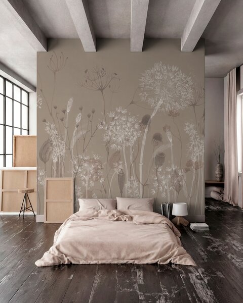 Fototapety Půvabný vzor s jemnými pampeliškami, rostlinami a divokými květy v béžovo-šedých tónech, Fototapety květiny, w08637v2 : uwalls.cz