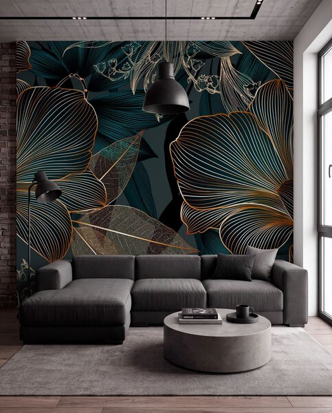 Fototapety Stylizované květy a listy se složitými liniemi v odstínech teal a žluté na tmavém pozadí, Fototapety černobílé, w08675 : uwalls.cz