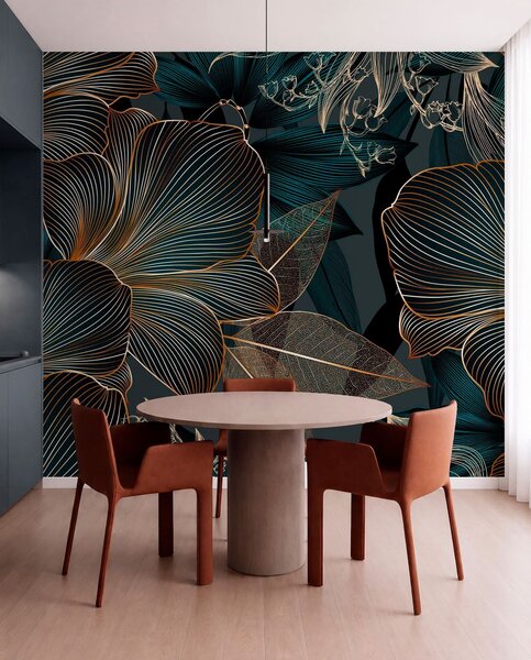 Fototapety Stylizované květy a listy se složitými liniemi v odstínech teal a žluté na tmavém pozadí, Fototapety černobílé, w08675 : uwalls.cz